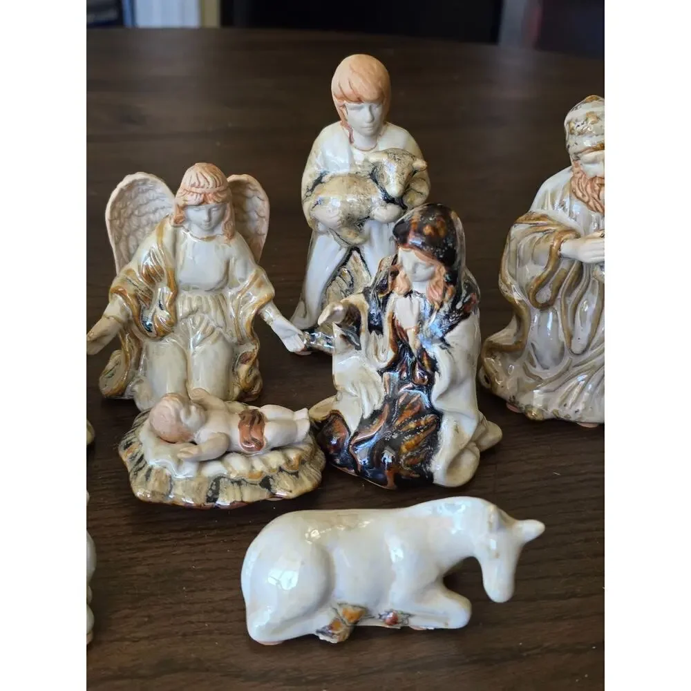Vintage Nativity Scene Figurines 9-Piece Set Hand-Painted Ceramic Religious Chri